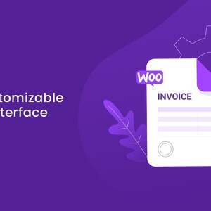 May include: A white invoice template with the word "Woo" in a purple speech bubble and the word "Invoice" in black text. The invoice is on a purple background with a white gear and a purple leaf.