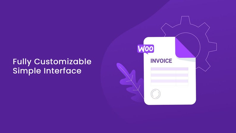 May include: A white invoice template with the word "Woo" in a purple speech bubble and the word "Invoice" in black text. The invoice is on a purple background with a white gear and a purple leaf.