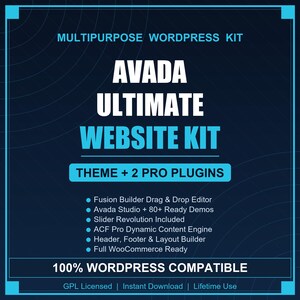 May include: A dark blue digital graphic for the Avada Ultimate Website Kit, a multipurpose WordPress kit. It lists features including Fusion Builder, Avada Studio, Slider Revolution, ACF Pro, and layout builders, noting 100% WordPress compatibility.