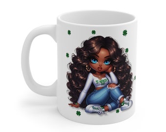 St. Patrick's Day Mug | Black Girl Chibi Doll | Black Woman Irish Mug for St. Paddy's Day | Four-Leaf Clover Drinking Mug for Black Women