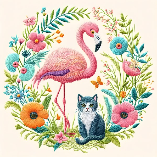 Cute pink flamingo with flowers and cute Cat PNG download