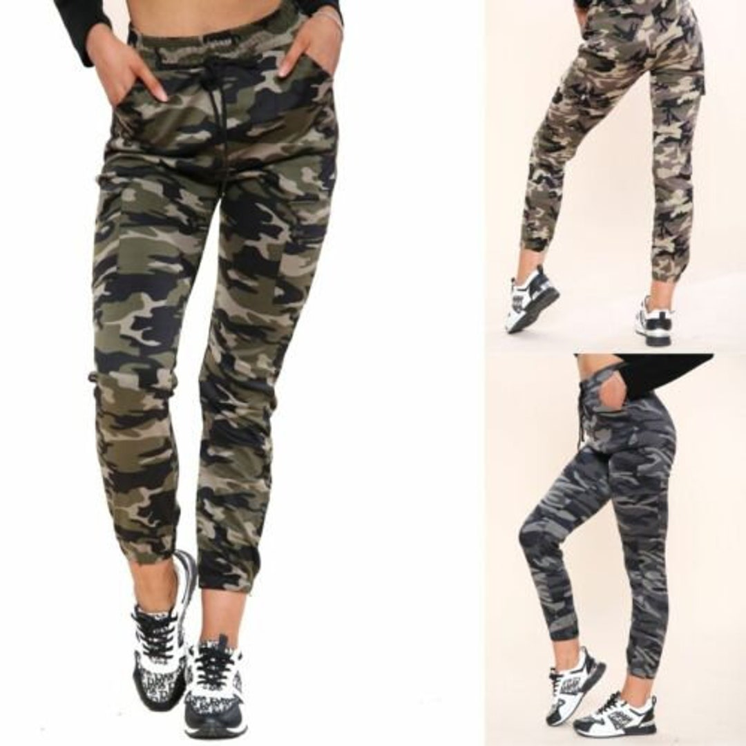 Nuevos pantalones cargo con estampado militar para mujer