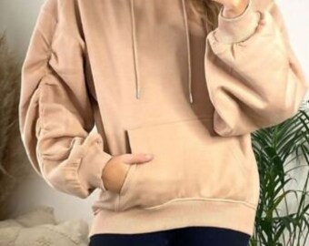 Ladies Fleece Long Sleeve Womens Oversized Ruched Sleeve Hoodie Top  Sweatshirt