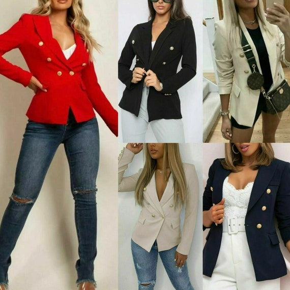 Lined Ladies Womens New Double Breasted Blazer Jackets Gold Button
