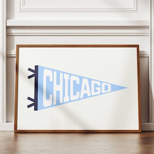 Chicago wimpel print, vintage blauwe vlag Varsity, Chicago Illinois vlag afdrukbare muur kunst, poster slaapzaal, appartement decor, digitale download