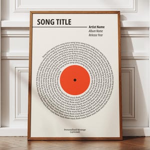 Impresión de letras de vinilo personalizadas, póster musical personalizado, regalo musical personalizable, regalo de aniversario, canción de boda, arte mural musical retro