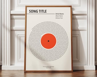 May include: A printable poster with a stylized record design featuring a red circle in the center and concentric circles of text that say "song lyrics" around it. The poster has a title, artist name, album name, and release year.