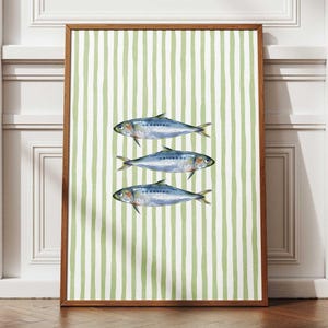 Sardines Art Print Digital Download, Trendy Kitchen Wall Art, Fish Poster, Vintage Green Striped Nautical Fishing Coastal Printable Wall Art