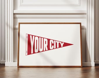 Custom City Pennant Flag Print, Personalized Vintage Flag Wall Art, College Apartment Dorm Room Decor Gift, US City State Typography Poster