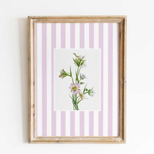Pink Striped Floral Art Print, Cottagecore Botanical Artwork, Baby Girl Nursery Room Pastel Pink Grandmillennial Decor Digital Download