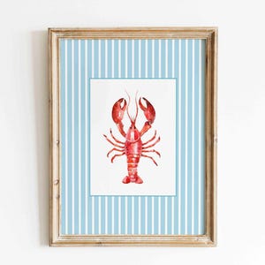 Vintage Lobster Print, Blue Striped Coastal Wall Art, Fisherman Core Aesthetic Beach House Decor, Nautical Kitchen Poster Digital Download