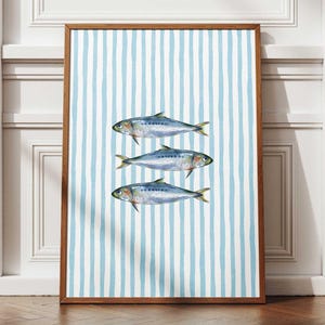 Sardines Art Print Digital Download, Trendy Kitchen Wall Art, Fish Poster, Vintage Blue Striped Nautical Fishing Coastal Printable Wall Art