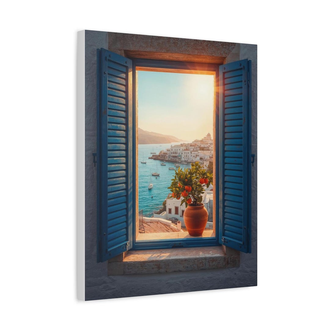 Mediterranean Window View Canvas Wall Art Open Blue Shutter Coastal ...