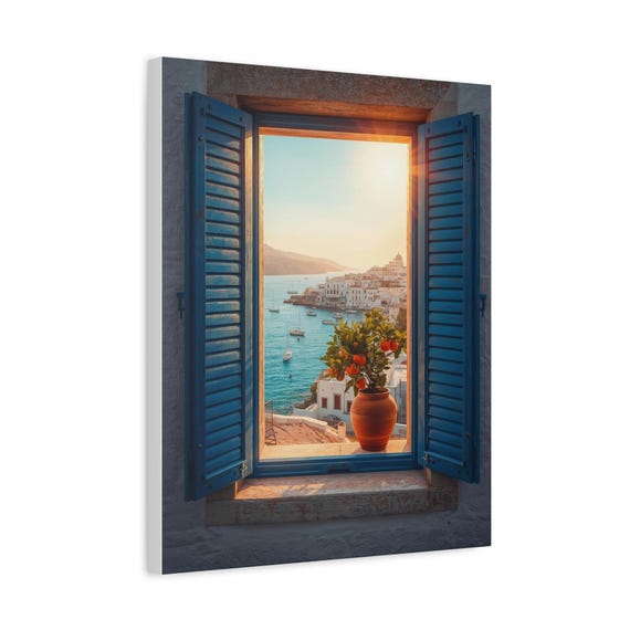 Mediterranean Window View Canvas Wall Art Open Blue Shutter Coastal Landscape
