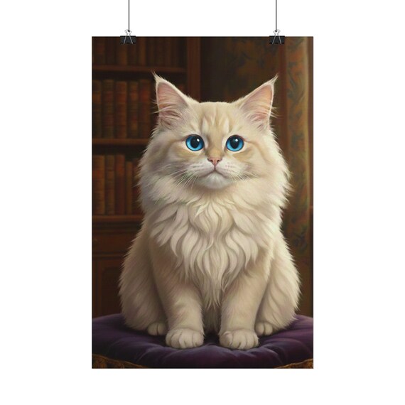 Fluffy Blue-Eyed Cat Portrait | Cozy Bookshelf Kitten Wall Art (Rolled Print)
