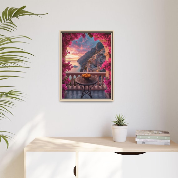 Amalfi Coast Sunset Balcony Framed Canvas Art