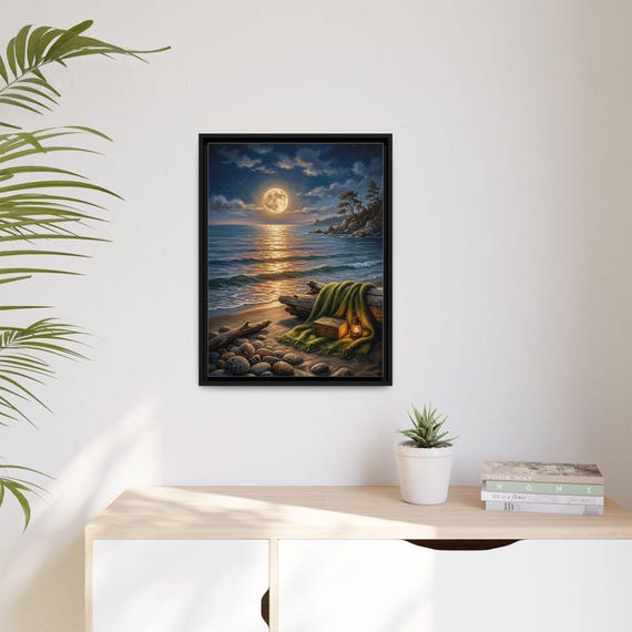 Full Moon Ocean Landscape Framed Canvas Art