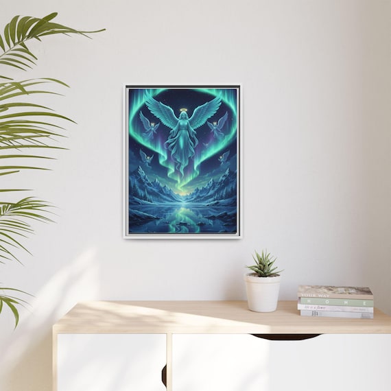 Aurora Angel Framed Canvas Art Northern Lights Angelic Decor Divine Protection Home Decor