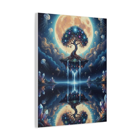 Celestial Tree of Life: Surreal Moon & Ethereal Floating Island Canvas Art
