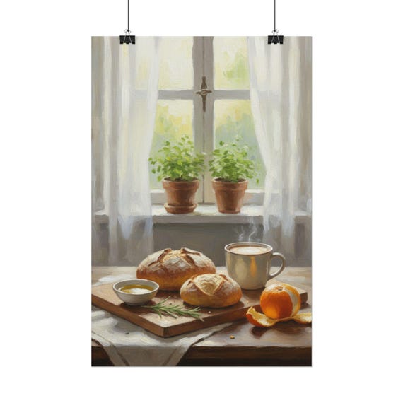 Cozy Morning Kitchen Window Still Life Rolled Poster | Wall Art Print