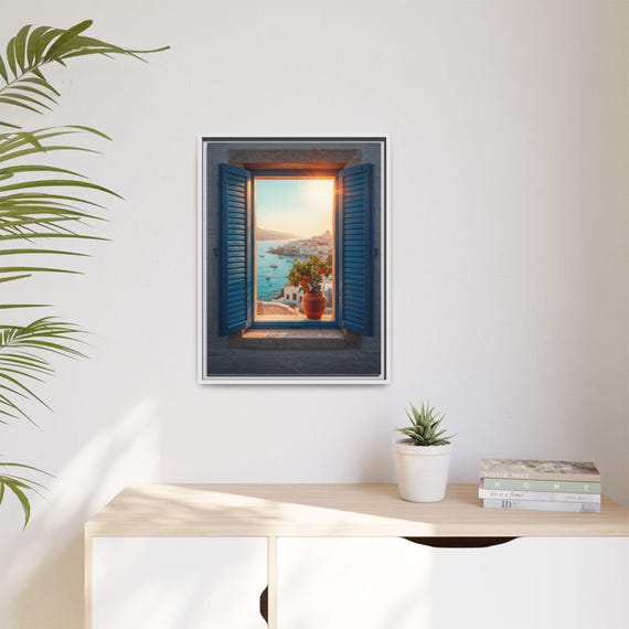Mediterranean Window View Framed Canvas Wall Art Open Blue Shutter Coastal Landscape