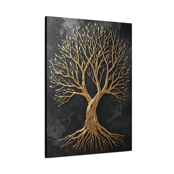 Golden Tree of Life Canvas Art – Textured Metallic Gold Painting, Vertical Decor