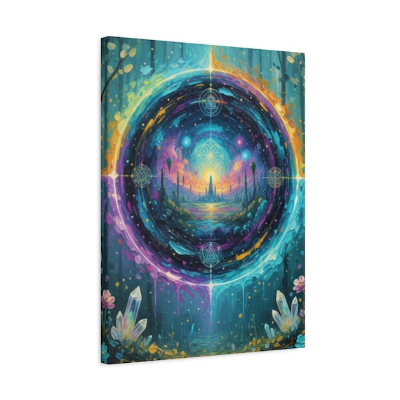 Cosmic Portal to Higher Dimensions: Mystical Forest & Sacred Geometry Canvas Art