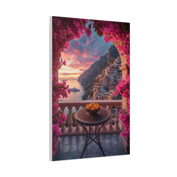 Amalfi Coast Sunset Canvas Art , Italian Riviera Balcony View Wall Decor
