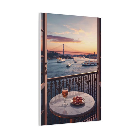 Istanbul Bosphorus View Canvas Art  Luxury Balcony with Bridge Scene Romantic Sunset Over Istanbul