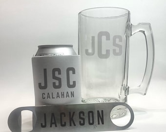 Personalized beer gift set | Large mug , koozie , bar key/ bottle opener | Gift for dad , boyfriend , groomsman | Etched glass look