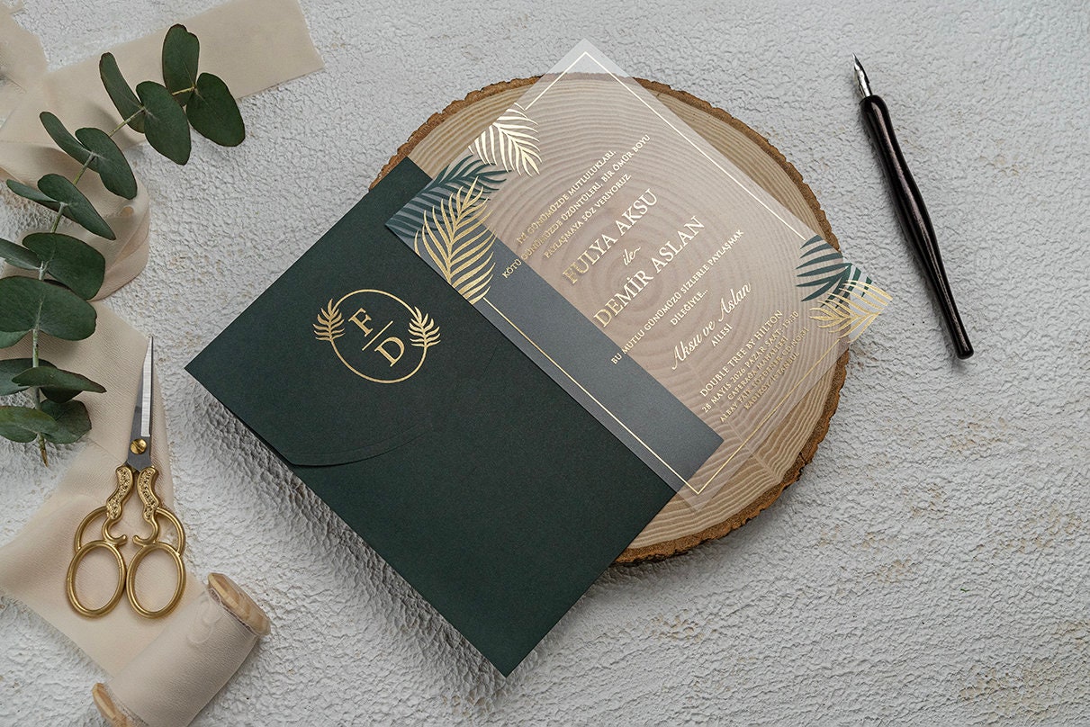 Unique Foliage Calligraphy Gold Acrylic Wedding Invitations SWAL082