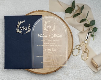 Customized Wedding Invitation, Navy Blue Wedding Invitation, Gold Foil Wedding Invitation, Acrylic Wedding Invitation, Elegant Invitation