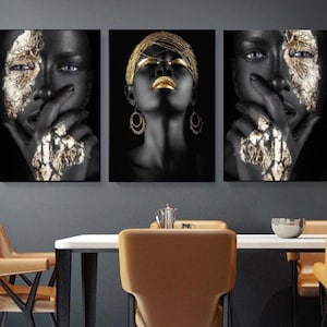 Set of 3 African Woman Canvas Wall Art Black And Gold Canvas Art Print African American Home Decor African Woman Canvas Prints Wall Decors