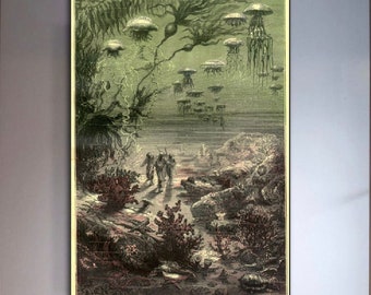 May include: An antique illustration depicting a fantastical underwater scene with large, glowing jellyfish floating above a rocky seabed. Two figures in diving suits walk along the ocean floor, surrounded by seaweed and coral.