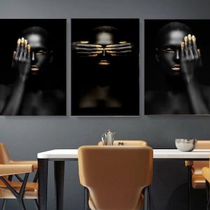 Set of 3 African Woman Canvas Wall Art Black And Gold Canvas Art Print African American Home Decor African Woman Canvas Prints Wall Decors
