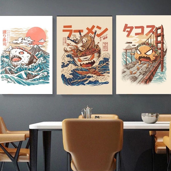 3er Set, The Great Ramen off Kanagawa asiatische Suppenkunst, The Great Ramen off Kanagawa, Food Drink Canvas, Japan Art, Takaiju, Sharkiri Sushi