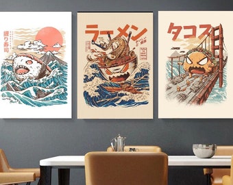 Set Of 3,The Great Ramen off Kanagawa Asian Soup Art, The Great Ramen off Kanagawa, Food Drink Canvas, Japan Art ,takaiju,sharkiri sushi