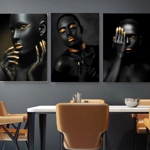 Zestaw 3 afrykańskich kobiet na płótnie ściennym Czarno-złoty wydruk artystyczny na płótnie Wystrój domu Afroamerykanów Wydruki na płótnie z kobietami afrykańskimi Wystrój ścienny