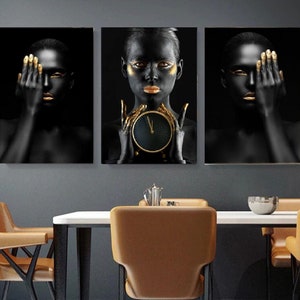 Set of 3 African Woman Canvas Wall Art Black And Gold Canvas Art Print African American Home Decor African Woman Canvas Prints Wall Decors