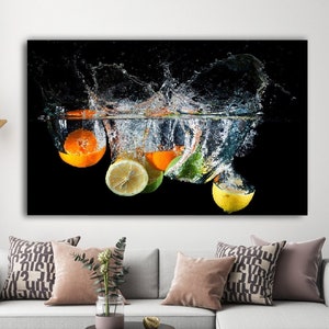 Fruit, Water Splash, Oranges, Food, Kitchen, living room decor, fruit decor, canvas print art, office decor, modern art,