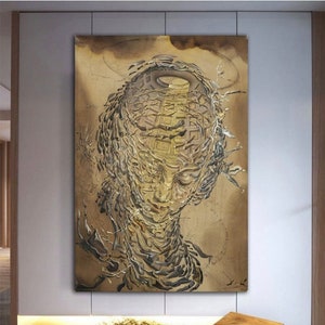 May include: A surrealist painting of a face with a complex, layered design. The face is surrounded by a swirling, abstract background in shades of brown and gray.