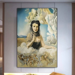 May include: A painting of a woman in a black dress and veil, surrounded by clouds. She is sitting on a cloud with her hands clasped in her lap. There are several small figures in the clouds below her.