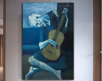 パブロ・ピカソ『老盲のギタリスト』、絵画、ギターを弾く男性、白黒の