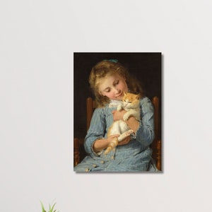 Albert Anker, Girl with a cat, 1881, canvas wall decor, living room decor, Albert Anker art, Girl and cat, ready to hang, home decor