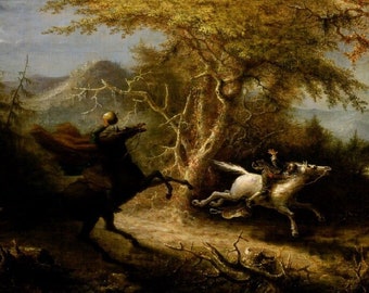 The Headless Horseman Pursuing Ichabod Crane Legend of Sleepy Hollow Halloween Painting By John Quidor Repro,John Quidor art,