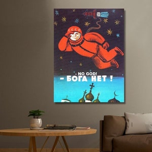 There&#39;s no god!,Бога Нет 1960&#39;s,USSR Anti Religious,Propaganda Cosmonaut,Yuri Gagarin In Space ,Yuri Gagarin decor,Space decor