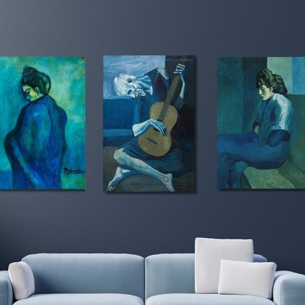 Lot de 3, Pablo picasso, le vieux guitariste, période bleue, art Picasso, décoration d'intérieur Picasso, prêt à accrocher, décoration d'intérieur, impression d'art sur toile