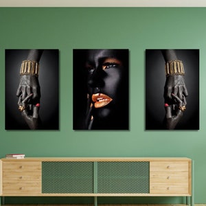 Set of 3 African Woman Canvas Wall Art Black And Gold Canvas Art Print African American Home Decor African Woman Canvas Prints Wall Decors