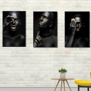 Set of 3 African Woman Canvas Wall Art Black And Gold Canvas Art Print African American Home Decor African Woman Canvas Prints Wall Decors