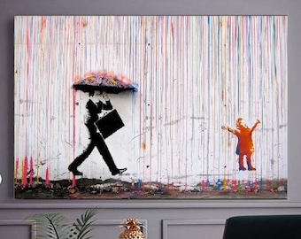 バンクシーの傘男のキャンバスアート：虹の雨と少女のグラフィティ